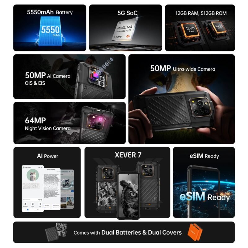 RugOne Xever 7 Rugged Smartphone 5G, 12GB RAM 512GB ROM, 6.67" FHD+ 120Hz AMOLED Display, 64MP Night Vision Camera, 50MP OIS Camera, 5550mAh Swappable Battery, Android 15, IP68/IP69K, MIL-STD-810H, Dual SIM + eSIM - Image 4