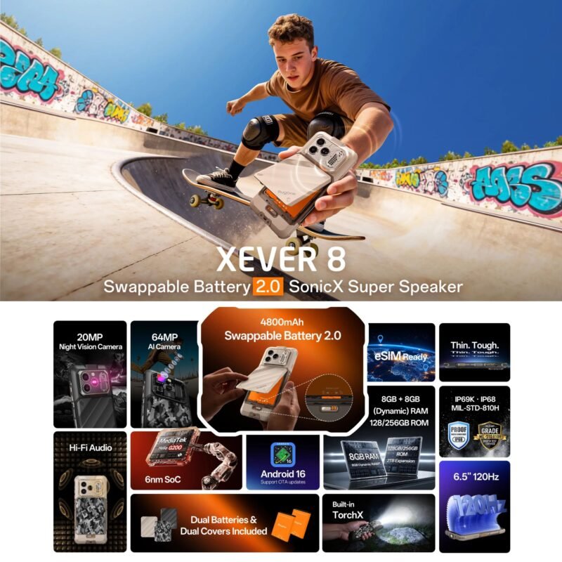 RugOne Xever 8 Sand Dune Rugged Smartphone, 8GB RAM, 256GB Storage, 6.5" FHD+ 120Hz Display, 64MP Camera, 20MP Night Vision, 4800mAh Swappable Battery, IP68/IP69K Waterproof, NFC, Android 16, Dual SIM - Image 10
