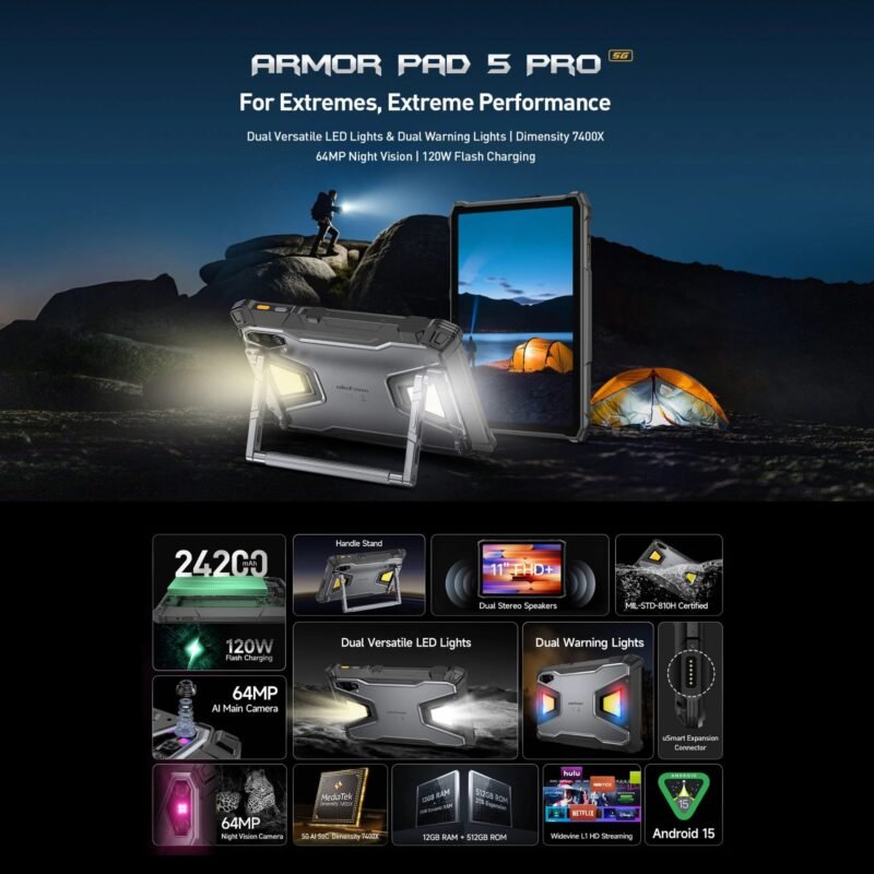 Ulefone Armor Pad 5 Pro 5G Rugged Tablet, 11" FHD+ 90Hz Display, Dimensity 7400X, 12GB RAM, 512GB Storage, 24,200mAh Battery, 120W Fast Charging, 64MP Night Vision, IP68/IP69K, Android 15 - Image 3