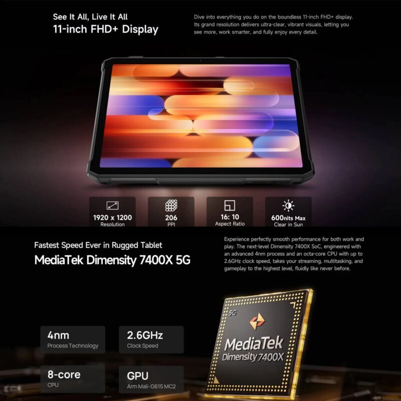 Ulefone Armor Pad 5 Pro 5G Rugged Tablet, 11" FHD+ 90Hz Display, Dimensity 7400X, 12GB RAM, 512GB Storage, 24,200mAh Battery, 120W Fast Charging, 64MP Night Vision, IP68/IP69K, Android 15 - Image 4