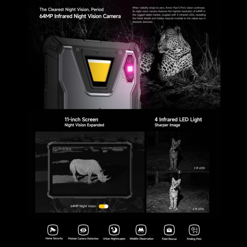 Ulefone Armor Pad 5 Pro 5G Rugged Tablet, 11" FHD+ 90Hz Display, Dimensity 7400X, 12GB RAM, 512GB Storage, 24,200mAh Battery, 120W Fast Charging, 64MP Night Vision, IP68/IP69K, Android 15 - Image 7