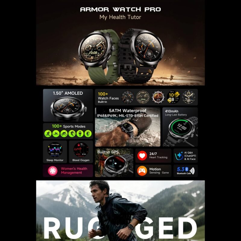 Ulefone Armor Watch Pro Rugged Smartwatch | 1.50" AMOLED Display | AI Assistant & AI Watch Face | GPS Tracking | 5ATM Waterproof | IP68/IP69K | MIL-STD-810H | 410mAh Battery | Sleep, Heart Rate & SpO₂ Monitoring - Image 9