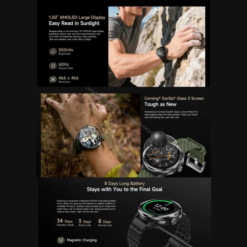 Ulefone Armor Watch Pro Rugged Smartwatch | 1.50" AMOLED Display | AI Assistant & AI Watch Face | GPS Tracking | 5ATM Waterproof | IP68/IP69K | MIL-STD-810H | 410mAh Battery | Sleep, Heart Rate & SpO₂ Monitoring - Image 4