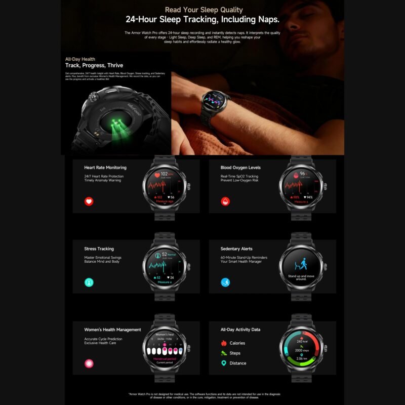 Ulefone Armor Watch Pro Rugged Smartwatch | 1.50" AMOLED Display | AI Assistant & AI Watch Face | GPS Tracking | 5ATM Waterproof | IP68/IP69K | MIL-STD-810H | 410mAh Battery | Sleep, Heart Rate & SpO₂ Monitoring - Image 3