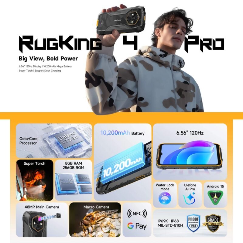 Ulefone RugKing 4 Pro Rugged Smartphone | 8GB RAM + 256GB ROM | 10000mAh Battery | 6.56" HD+ Display | 48MP AI Camera | Android 15 | IP68/IP69K Waterproof | MIL-STD-810H | NFC | Dual SIM 4G - Image 2