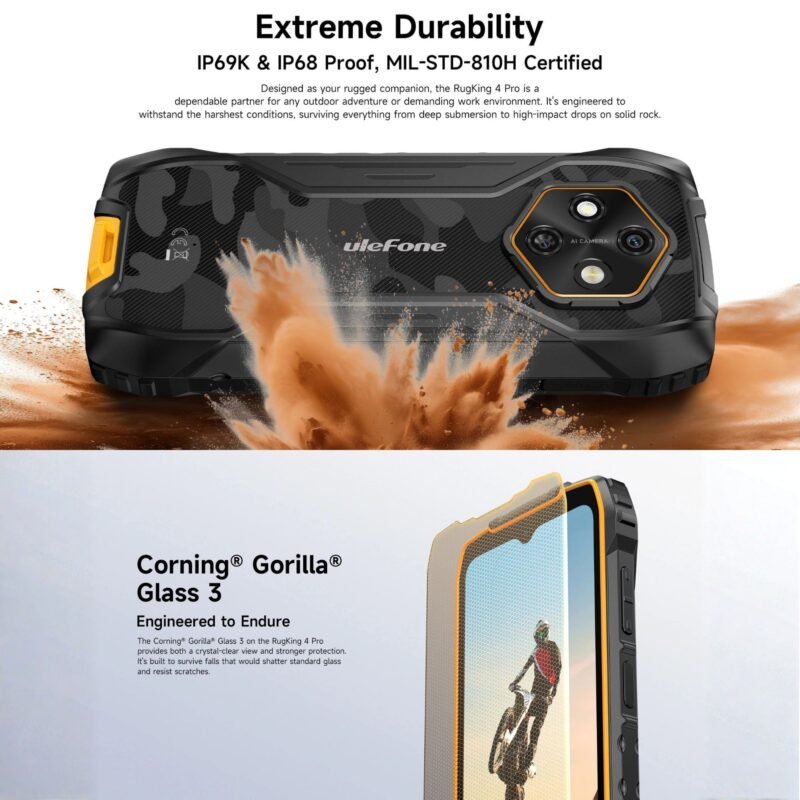 Ulefone RugKing 4 Pro Rugged Smartphone | 8GB RAM + 256GB ROM | 10000mAh Battery | 6.56" HD+ Display | 48MP AI Camera | Android 15 | IP68/IP69K Waterproof | MIL-STD-810H | NFC | Dual SIM 4G - Image 4