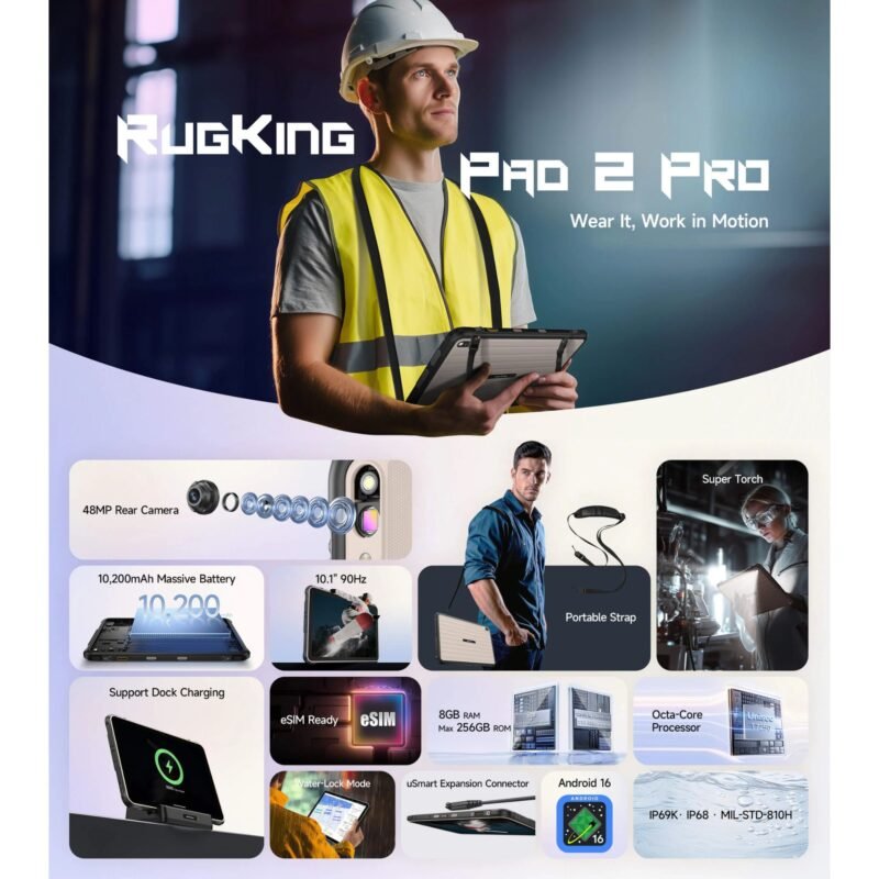 Ulefone RugKing Pad 2 Pro Rugged Tablet, 10.1" 90Hz Display, 8GB RAM 256GB ROM, 10200mAh Battery, Android 16, 48MP Camera, 4G LTE/eSIM, IP68/IP69K, MIL-STD-810H, NFC, 2TB Expandable - Image 7