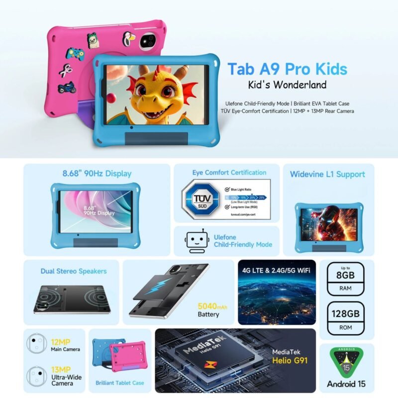 Ulefone Tab A9 Pro Kids Tablet, 8.68" 90Hz HD+ Display, MediaTek Helio G91 Octa-Core, 4GB RAM + 128GB ROM, Up to 8GB RAM, 2TB Expandable, Android 15, 5040mAh Battery, Dual SIM 4G, Kids EVA Case & Stylus - Image 2