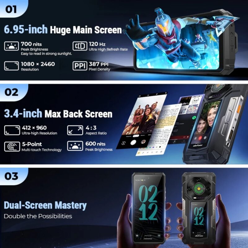 Ulefone Armor 33 Pro 5G Rugged Smartphone, 16GB RAM + 512GB Storage, 25500mAh Battery, 6.95" FHD+ 120Hz Display, 3.4" Rear Screen, 50MP Triple Camera, 64MP Night Vision, IP68/IP69K, Android 14, NFC, Dual SIM – Black - Image 4
