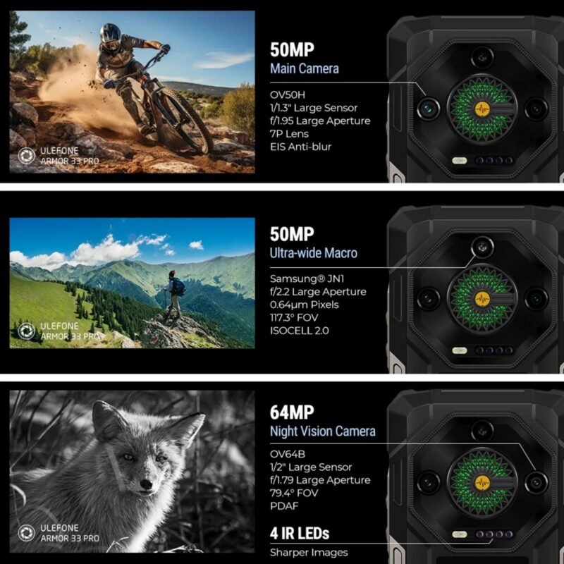 Ulefone Armor 33 Pro 5G Rugged Smartphone, 16GB RAM + 512GB Storage, 25500mAh Battery, 6.95" FHD+ 120Hz Display, 3.4" Rear Screen, 50MP Triple Camera, 64MP Night Vision, IP68/IP69K, Android 14, NFC, Dual SIM – Black - Image 6
